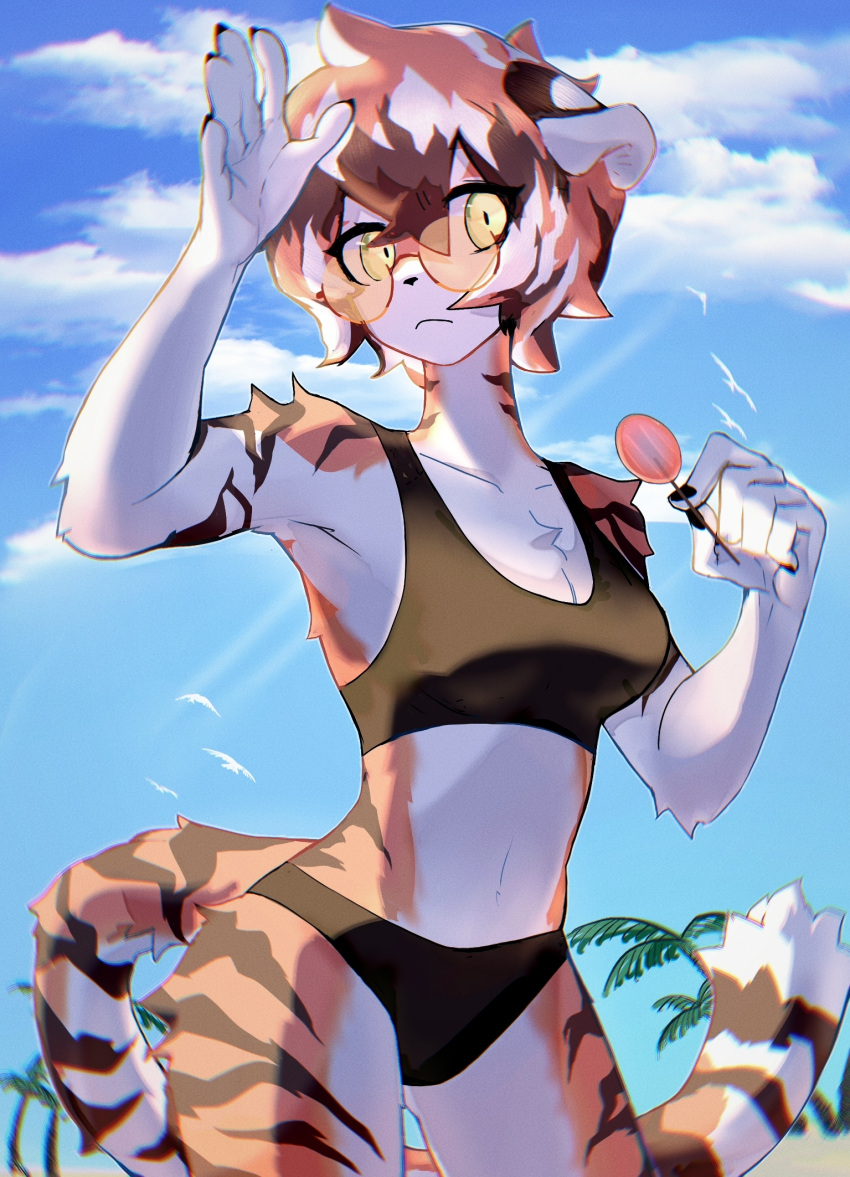 1girl arknights arm_up armpits black_nails blue_sky breasts candy cleavage cloud commentary_request cowboy_shot crop_top day food furry highres holding holding_food lollipop medium_breasts midriff nail_polish navel orange_hair outdoors round_eyewear short_hair sky solo sports_bra standing stomach sunglasses tail thighs tiger_tail waai_fu_(arknights) yellow_eyes yuxi_(nixynyxxx)