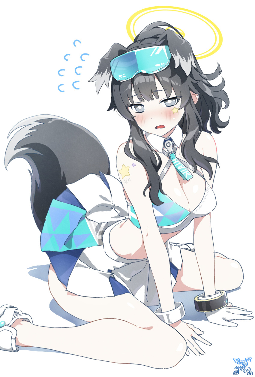 1girl absurdres animal_ears bare_shoulders black_hair blue_archive blue_skirt blush breasts character_name cheerleader cleavage clothes_writing dog_ears dog_girl dog_tail eyewear_on_head facial_tattoo grey_eyes halo hibiki_(blue_archive) hibiki_(cheerleader)_(blue_archive) highres legs makicha_(sasurainopink) medium_breasts medium_hair shoes shoulder_tattoo simple_background sitting skirt sneakers solo star_tattoo sunglasses tail tattoo thighs two-tone_skirt wariza white_background white_footwear white_skirt