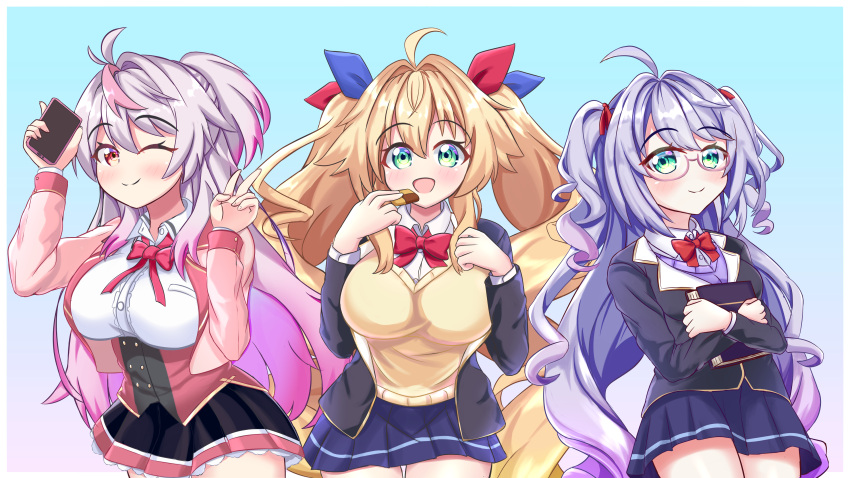 3girls absurdly_long_hair absurdres ahoge alternate_costume azur_lane black_jacket black_skirt blonde_hair blue_background book bow breasts brown_sweater cellphone collared_shirt cowboy_shot english_commentary fj_hatsu green_eyes grenville_(azur_lane) highres holding holding_book holding_phone jacket l'opiniatre_(azur_lane) large_breasts le_temeraire_(azur_lane) long_hair looking_at_viewer microskirt multiple_girls one_eye_closed open_clothes open_jacket open_mouth oppai_loli phone pink_jacket pleated_skirt purple_eyes purple_hair purple_skirt red_bow school_uniform shirt simple_background skirt smartphone sweater twintails two-tone_skirt underbust very_long_hair white_shirt