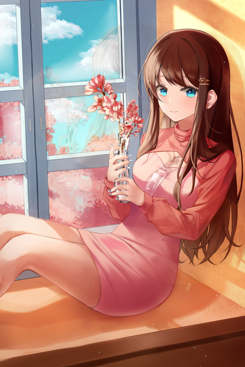 1girl absurdres blue_eyes blue_nails blush brown_hair closed_mouth dress flower hair_ornament highres holding long_hair long_sleeves nail_polish original pink_dress pink_flower ron_me_s2 shiny shiny_hair short_dress shrug_(clothing) sitting_in_window smile solo very_long_hair