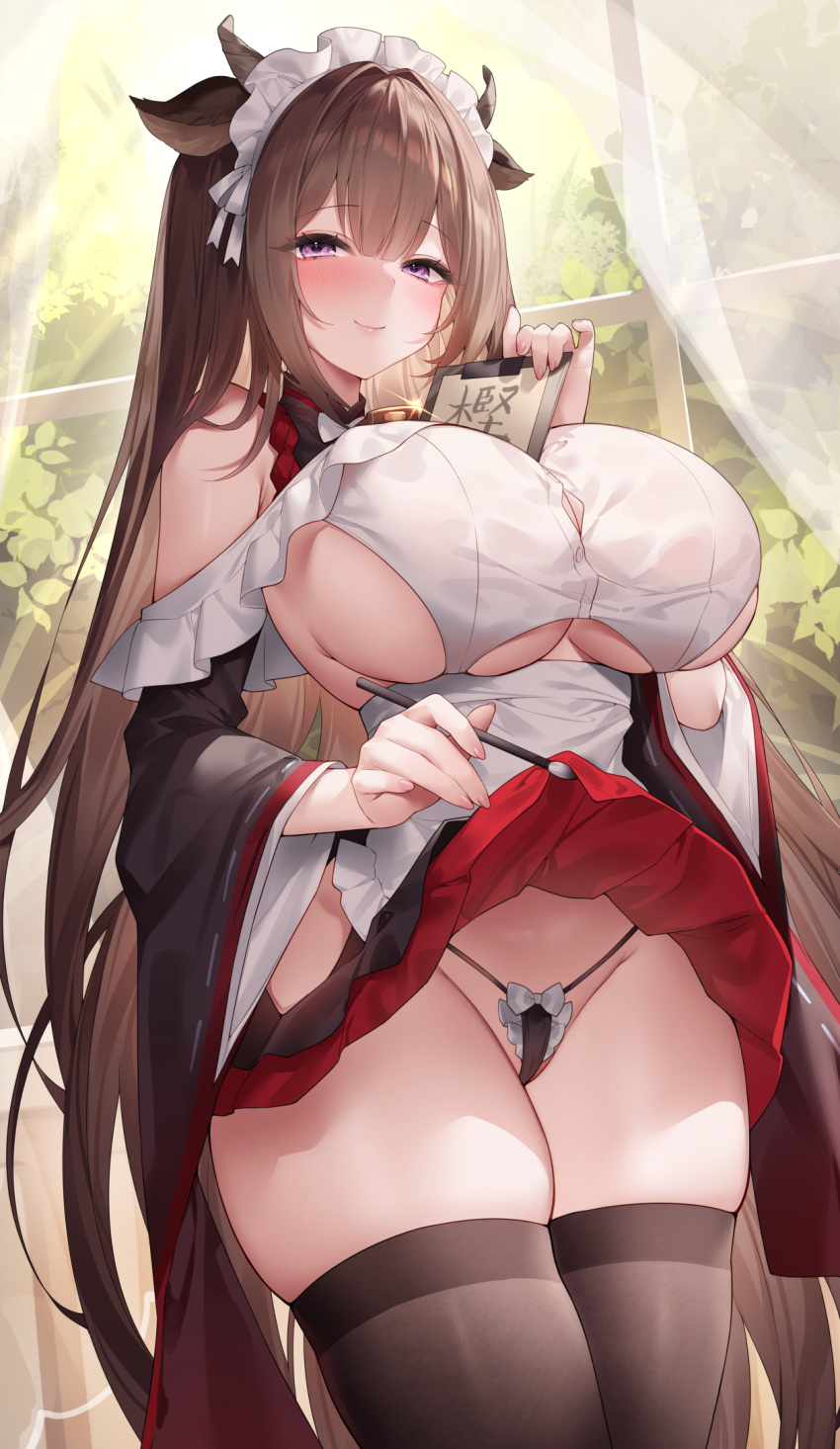 1girl absurdly_long_hair animal_ears apron azur_lane bangs bare_shoulders bell between_breasts black_panties black_skirt black_sleeves bow bow_panties breasts brown_hair brown_thighhighs button_gap cleavage clipboard closed_mouth clothes_lift clothing_cutout commentary cow_ears cow_girl cow_horns cowbell cowboy_shot curtains day detached_sleeves frilled_apron frilled_hairband frilled_shirt frilled_skirt frills glint groin hairband highleg highleg_panties highres holding holding_clipboard holding_paintbrush horns huge_breasts indoors japanese_clothes kashino_(azur_lane) kashino_(maid_for_mayhem)_(azur_lane) layered_skirt lifted_by_self long_hair long_sleeves looking_at_viewer maid maid_apron maid_headdress miniskirt neck_bell off-shoulder_shirt off_shoulder official_alternate_costume paid_reward_available paintbrush panties purple_eyes revealing_clothes ribbon_trim see-through shirt sideboob sidelocks skindentation skirt skirt_lift smile solo sora_72-iro standing string_panties taut_clothes taut_shirt thick_thighs thighhighs thighs thong two-tone_skirt underboob_cutout underwear very_long_hair white_apron white_hairband wide_sleeves window