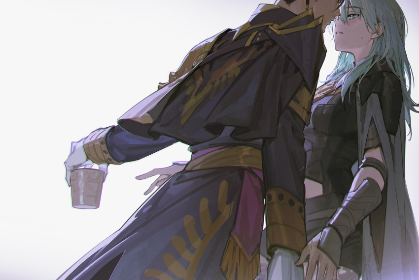 1girl alternate_hair_color arm_guards armor armored_dress bangs belt black_coat black_dress black_shorts blue_eyes blush breasts bustier byleth_(fire_emblem) byleth_(fire_emblem)_(female) cape capelet chinese_commentary claude_von_riegan clothing_cutout coat commentary cowboy_shot cup dark-skinned_male dark_skin dress drunk dutch_angle enlightened_byleth_(female) eyelashes fire_emblem fire_emblem:_three_houses garreg_mach_monastery_uniform gloves gold_trim green_eyes green_hair grey_cape hair_between_eyes half-closed_eyes halglitch_42 highres holding holding_cup imminent_kiss legwear_under_shorts long_hair long_sleeves looking_at_another medium_breasts micro_shorts navel_cutout pantyhose parted_lips patterned_legwear red_belt short_shorts shorts simple_background standing sweat sweatdrop white_background white_gloves