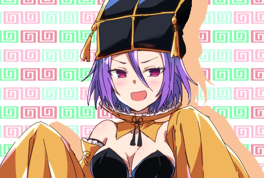 1girl azami_masurao bare_shoulders breasts cleavage detached_collar detached_sleeves fate/grand_order fate_(series) hair_between_eyes hat highres open_mouth purple_eyes purple_hair short_hair solo wide_sleeves wu_zetian_(fate) wu_zetian_(swimsuit_caster)_(fate) wu_zetian_(swimsuit_caster)_(second_ascension)_(fate)