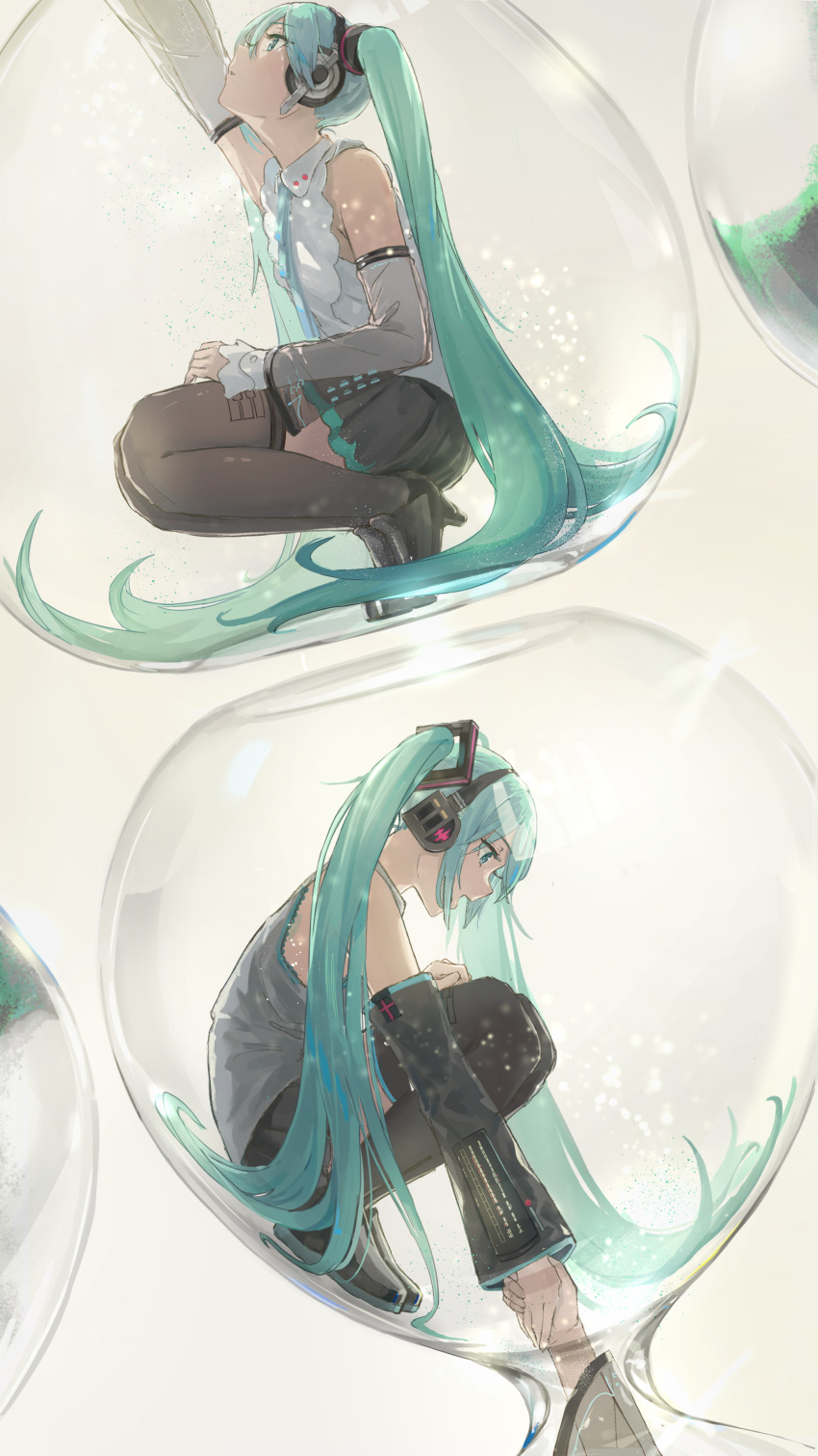 2girls absurdres aqua_eyes aqua_hair aqua_ribbon bare_shoulders black_footwear black_skirt black_sleeves black_thighhighs boots detached_sleeves dual_persona grey_shirt hair_ornament hatsune_miku hatsune_miku_(nt) headphones headset high_heels highres holding_hands hourglass in_container layered_sleeves long_hair looking_at_another looking_down looking_up miniskirt multiple_girls neck_ribbon open_mouth piapro pleated_skirt pulling ribbon see-through see-through_sleeves shirt skirt sleeveless sleeveless_shirt smile squatting tadanotarosuke tears thigh_boots thighhighs twintails very_long_hair vocaloid white_shirt white_sleeves
