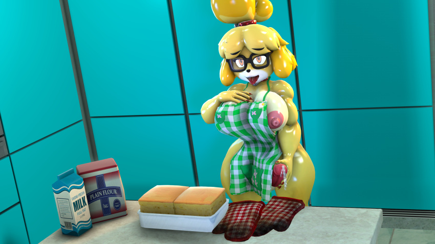2021 3d_(artwork) accessory animal_crossing anthro apron apron_only bell biceps big_breasts blonde_hair bodily_fluids bread breasts brown_eyes canid canine canis claws cleavage clothed clothing collar crossgender curvaceous curvy_figure detailed_background digital_media_(artwork) domestic_dog eyewear fingers floppy_ears flour food ftg_crossgender fti_crossgender fur genital_fluids genitals glasses gynomorph hair hair_accessory hair_tie hand_on_own_penis hand_on_penis handwear hi_res hourglass_figure huge_breasts intersex isabelle_(animal_crossing) looking_at_viewer mammal milk mostly_nude multicolored_body multicolored_fur nintendo nipple_slip oven_mitts penis precum shih_tzu short_hair small_waist smile solo source_filmmaker thick_thighs tongue tongue_out toy_dog two_tone_body two_tone_fur vaultlad video_games voluptuous white_body white_fur wide_hips yellow_body yellow_fur