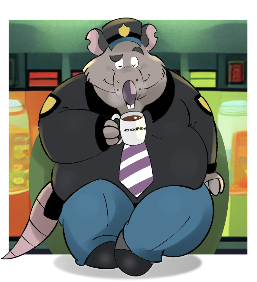 2022 absurd_res anthro belly beverage big_belly bottomwear brok_the_investigator clothing coffee coffee_mug eyes_closed grey_body guard guard_(brok_the_investigator) hat headgear headwear hi_res kemono m2vcjtad5hsdvla male mammal mug murid murine necktie overweight overweight_male pants rat rodent shirt sitting solo topwear video_games