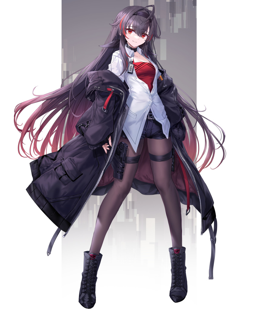 1girl absurdres ahoge bangs black_choker black_coat black_footwear black_hairband black_pantyhose black_shorts brown_hair choker closed_mouth clothes_down coat collarbone collared_jacket floating_hair full_body gradient_hair gun hair_between_eyes hair_intakes hairband handgun highres holster jacket legwear_under_shorts long_hair looking_at_viewer multicolored_hair open_clothes open_coat open_jacket original pantyhose partially_unbuttoned red_eyes red_hair red_shirt shichigatsu shiny shiny_hair shirt short_shorts shorts smile solo standing thigh_holster very_long_hair weapon white_jacket wing_collar