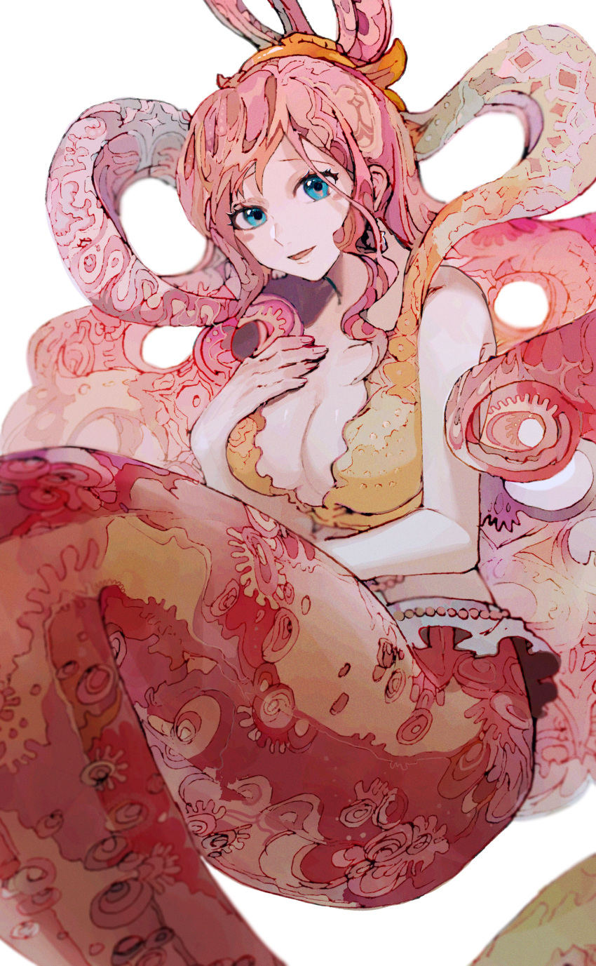 1girl absurdres blue_eyes breasts fish_tail hagoromo hair_rings hand_on_own_chest hand_up highres long_hair looking_at_viewer mermaid monster_girl one_piece patterned patterned_clothing patterned_hair pink_hair shawl shirahoshi sitting sleeveless smile solo tail white_background yadu_nadu