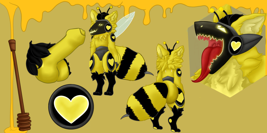 &lt;3 absurd_res anthro arthropod balls bee bumblebutt food foreskin fuzzy genitals hi_res honey_(food) hymenopteran insect machine male open_mouth penis protogen solo stinger toxicleezard wand wings