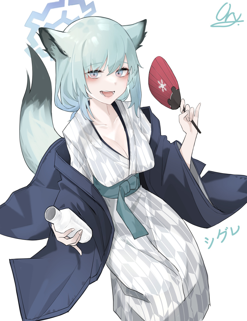 1girl absurdres animal_ears bath_yukata blue_archive blue_eyes bottle breasts character_name cleavage collarbone covered_nipples halo hand_fan highres holding holding_bottle holding_fan japanese_clothes ka_keo kimono light_green_hair looking_at_viewer medium_hair multicolored_eyes obi open_mouth pink_eyes sash shigure_(blue_archive) shigure_(hot_spring)_(blue_archive) signature simple_background solo tail weasel_ears weasel_tail white_background yagasuri yukata