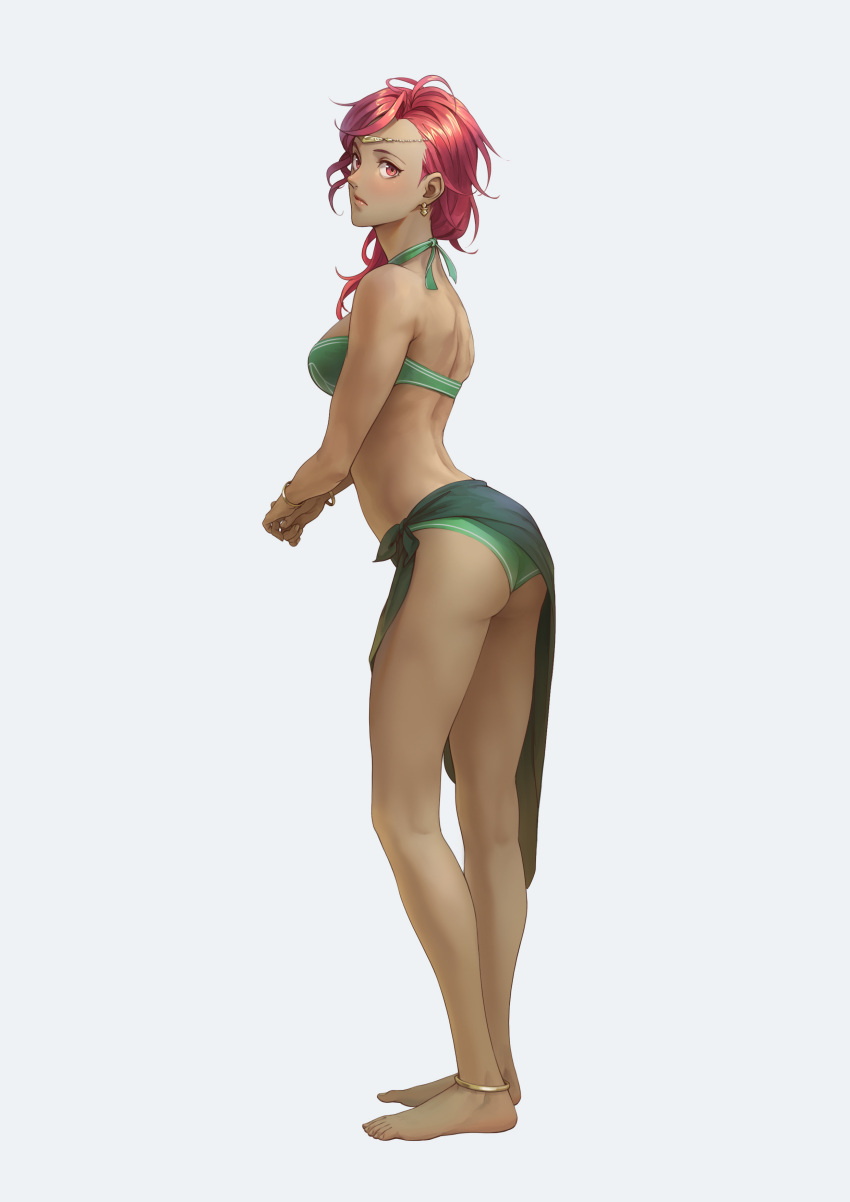 1girl absurdres alternate_costume anklet ass bare_arms bare_legs barefoot bikini bracelet breasts circlet closed_mouth dark-skinned_female dark_skin earrings fire_emblem fire_emblem:_three_houses from_side full_body green_bikini hair_over_shoulder hapi_(fire_emblem) highres jewelry kazuko_(towa) leaning_forward looking_at_viewer medium_breasts medium_hair red_eyes red_hair sarong shiny shiny_hair shoulder_blades sideboob solo standing swimsuit