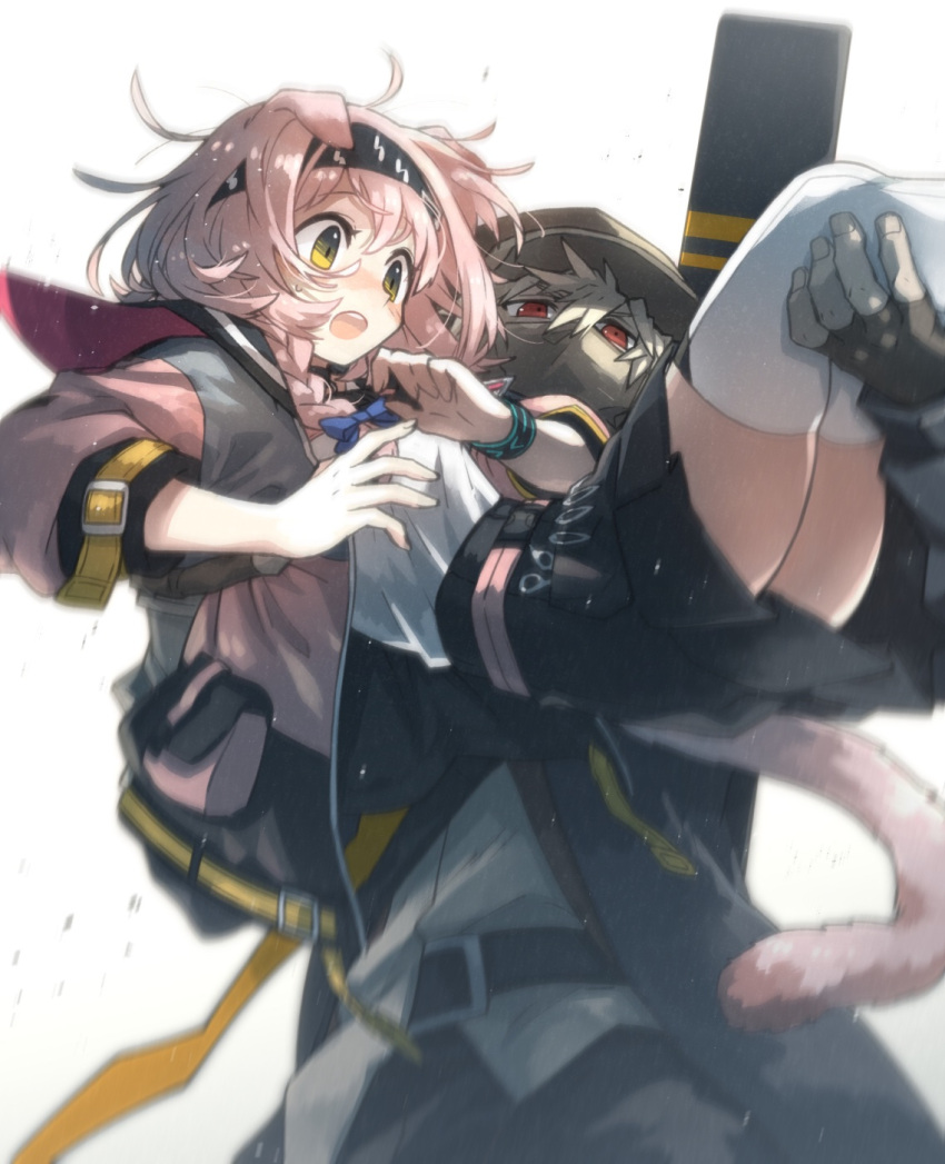 1boy 1girl animal_ears arknights black_bracelet black_gloves black_hairband black_headwear black_jacket black_skirt blue_bow bow braid cabbie_hat carrying cat_ears cat_girl cat_tail coat commentary_request fingerless_gloves floppy_ears gloves goldenglow_(arknights) grey_hair hair_bow hairband hat hateful_avenger_(arknights) high-waist_skirt highres infection_monitor_(arknights) jacket lightning_bolt_print long_sleeves morini_ochiteru open_mouth pink_coat pink_hair print_hairband red_eyes shirt side_braid simple_background skirt surprised tail thighhighs two-tone_coat white_background white_shirt white_thighhighs yellow_eyes