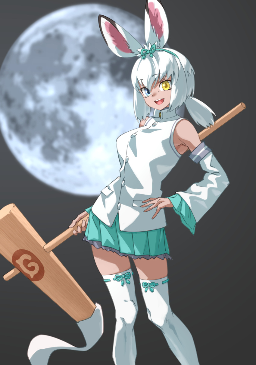 1girl :d absurdres animal_ears aqua_skirt bare_shoulders blue_bow blue_eyes bow commentary detached_sleeves food frilled_sleeves frills full_moon hair_bow hand_on_hip heterochromia high_collar highres japari_symbol kemono_friends kine mallet medium_hair mochi moon night night_sky open_mouth pleated_skirt rabbit_ears rabbit_girl rabbit_tail ribbon-trimmed_thighhighs shirt skirt sky smile solo tail tanabe_(fueisei) thighhighs tsukuyomi_shinshi_(kemono_friends) white_hair white_shirt white_sleeves white_thighhighs wide_sleeves yellow_eyes zettai_ryouiki