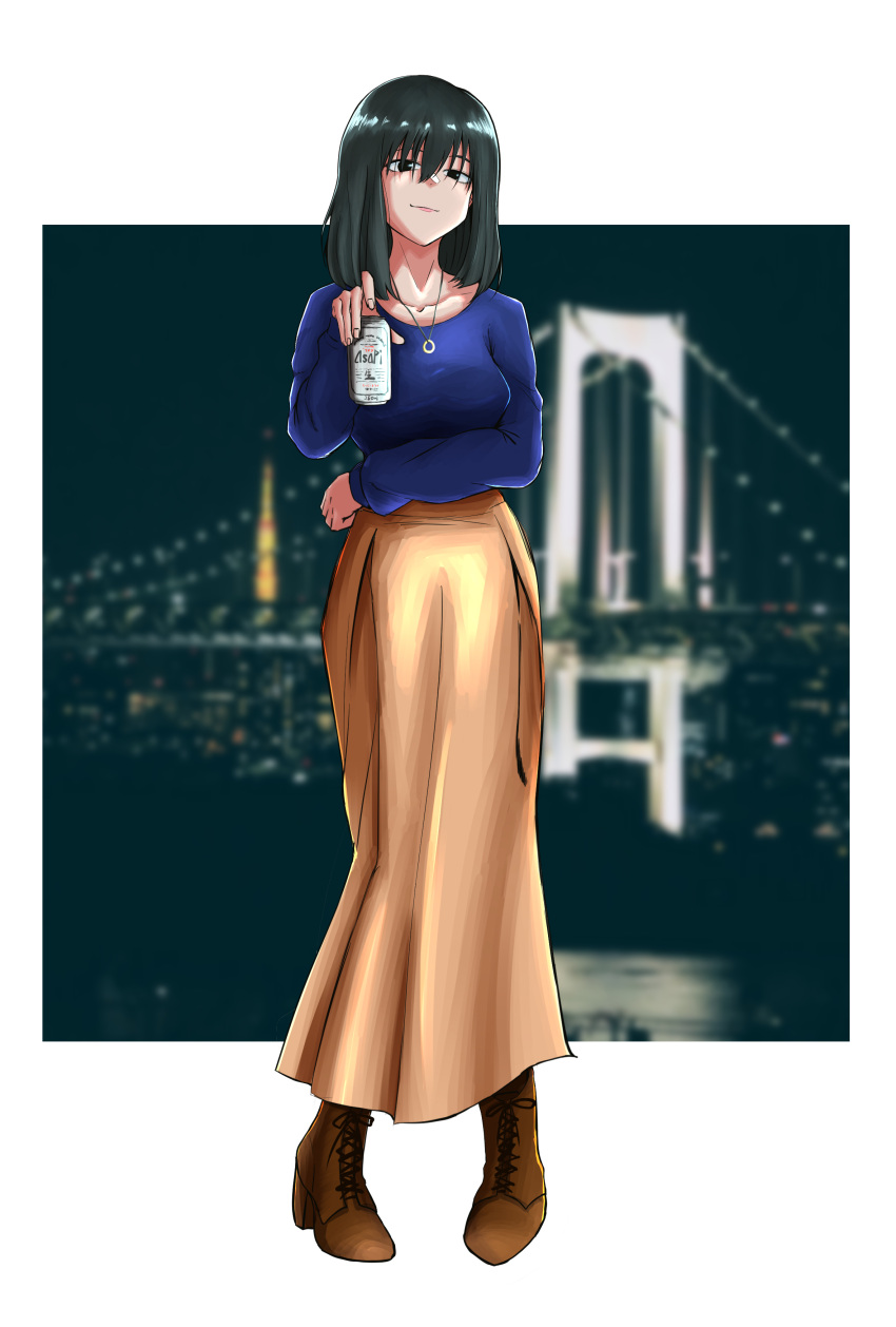 1girl absurdres arm_across_waist asagaya_(colcol) beer_can black_eyes black_hair blue_shirt blurry blurry_background brand_name_imitation brown_footwear brown_skirt can collarbone highres holding holding_can honda_kabura jewelry long_skirt long_sleeves necklace photo_background shirt shoes skirt solo yofukashi_no_uta