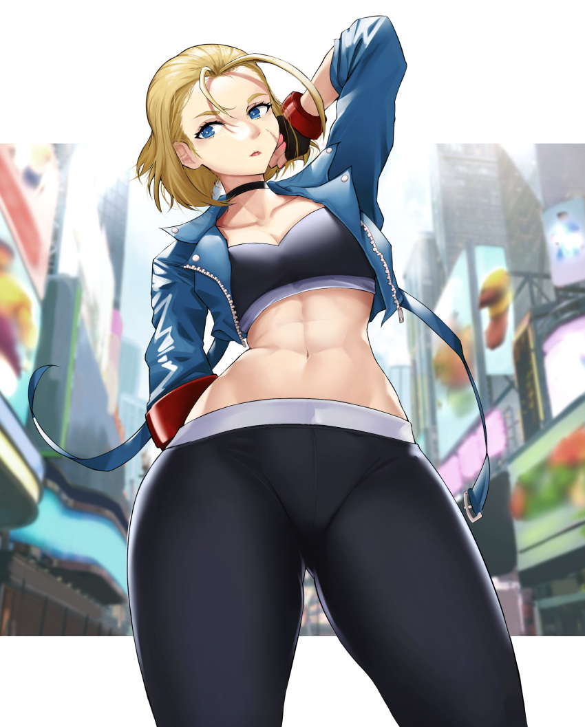 1girl abs absurdres antenna_hair black_choker black_leggings blonde_hair blue_eyes cammy_white choker city gloves highres jacket leggings luxpineapple open_clothes scar scar_on_cheek scar_on_face short_hair solo sports_bra street_fighter street_fighter_6