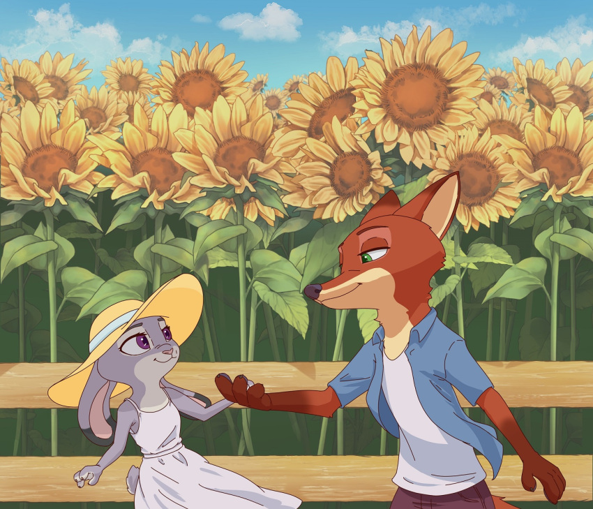 anime_style anthro canid canine clothed clothing cloud colored disney dress duo female fence flower fox fur hat headgear headwear hi_res lagomorph leporid male male/female mammal plant rabbit sky sundress sunflower the_gory_saint zootopia