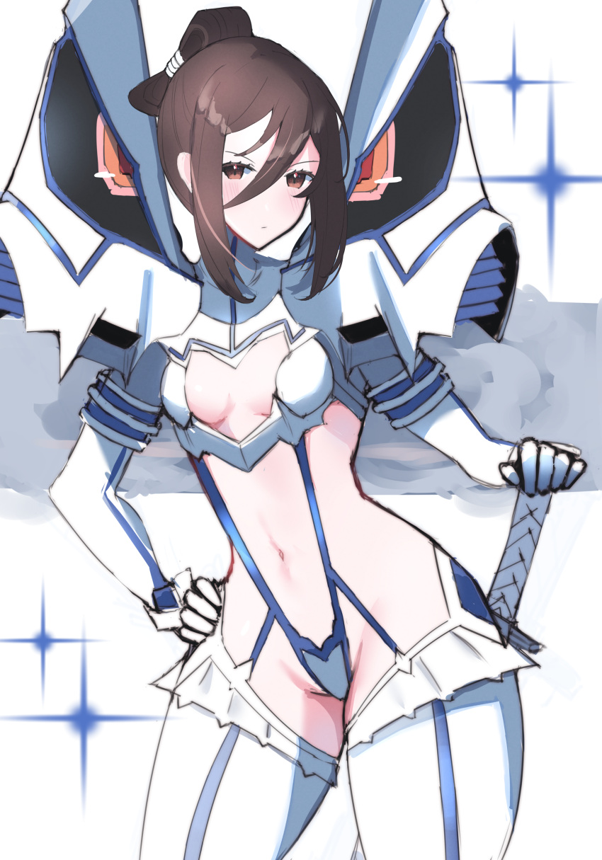 1girl absurdres alternate_costume bakuzan black_hair breasts brown_eyes cleavage cleavage_cutout clothing_cutout cosplay highres juneplums junketsu kamui_(kill_la_kill) kill_la_kill kiryuuin_satsuki kiryuuin_satsuki_(cosplay) morag_ladair_(xenoblade) navel simple_background white_background xenoblade_chronicles_(series) xenoblade_chronicles_2