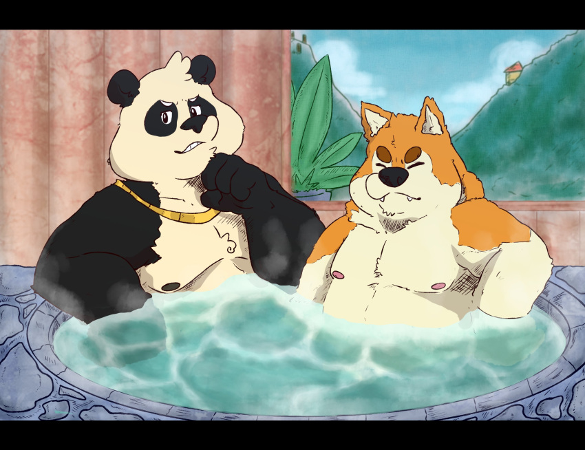 06junior11 2022 anthro bathing belly black_bars black_body black_nose canid canine canis cute_fangs detailed_background domestic_dog duo eyes_closed giant_panda hi_res hot_spring letterbox male mammal moobs mountain nipples overweight overweight_male sitting ursid water white_body