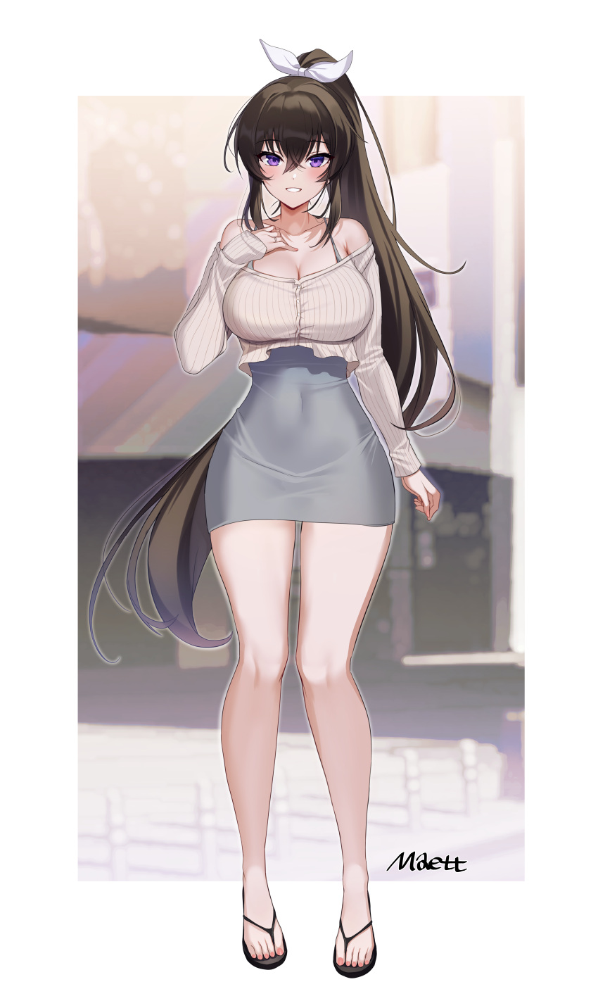 1girl :d absurdres alternate_costume arm_at_side artist_name bangs bare_legs bare_shoulders blush bra_strap breasts brown_hair casual cleavage collarbone counter:side covered_navel flip-flops full_body grey_skirt grin hair_between_eyes hair_ribbon hand_on_own_chest high-waist_skirt highres large_breasts long_hair long_sleeves looking_at_viewer maett off-shoulder_shirt off_shoulder outdoors outside_border parted_lips purple_eyes ribbon sandals shirt skirt smile solo standing very_long_hair white_ribbon white_shirt yoo_mina