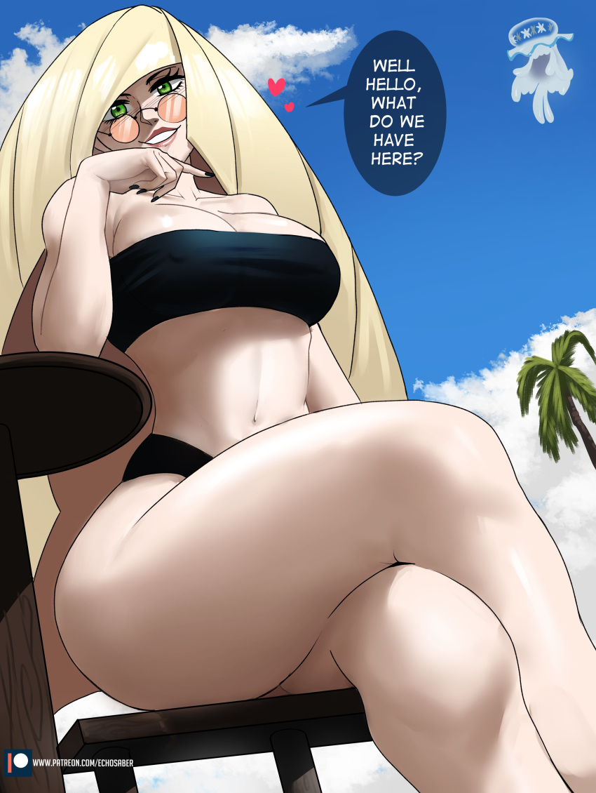 1girl absurdres bandeau bare_arms bare_legs bare_shoulders beach bikini black_bikini black_nails blonde_hair blue_sky breasts chair cleavage cloud commentary_request crossed_legs day echo_saber english_commentary feet_out_of_frame glasses green_eyes hand_up heart highres large_breasts looking_at_viewer lusamine_(pokemon) nail_polish navel nihilego paid_reward_available palm_tree patreon_username pokemon pokemon_(game) pokemon_sm round_eyewear sitting sky solo speech_bubble stomach strapless strapless_bikini sunglasses swimsuit thick_thighs thighs tree tube_top