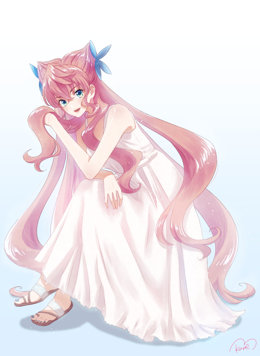 1girl :d absurdres bangs bare_arms blue_eyes blue_nails dress gradient gradient_background hair_between_eyes hair_ornament hand_in_own_hair highres kamekamekamesunsunsun long_dress long_hair looking_at_viewer maria_cadenzavna_eve nail_polish open_mouth pink_hair senki_zesshou_symphogear shiny shiny_hair shiny_skin signature sleeveless sleeveless_dress smile solo symphogear_pendant toenail_polish toenails very_long_hair white_background white_dress