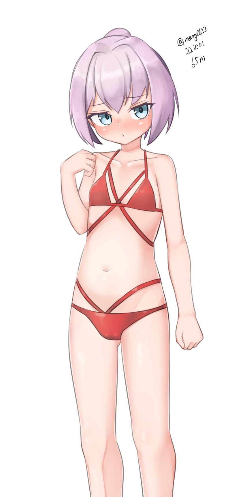 1girl absurdres bikini blue_eyes dated feet_out_of_frame flat_chest highres kantai_collection looking_at_viewer maru_(marg0613) multi-strapped_bikini one-hour_drawing_challenge pink_hair ponytail red_bikini shiranui_(kancolle) short_hair simple_background solo swimsuit twitter_username white_background