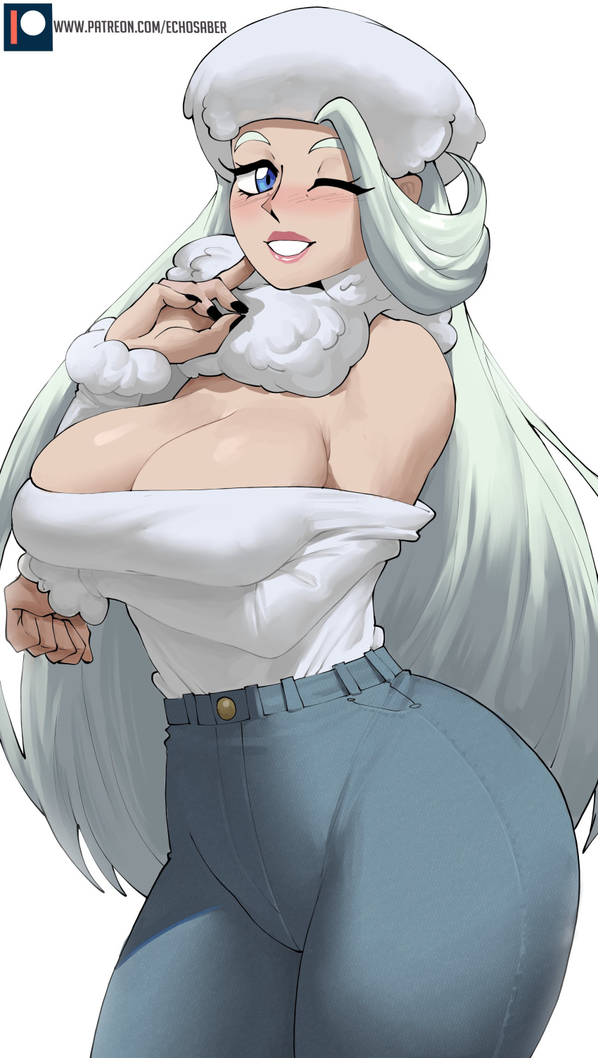 1girl absurdres bare_shoulders black_nails blue_eyes blue_pants blush breasts cleavage commentary_request cowboy_shot echo_saber fur_collar green_hair grin hand_up highres large_breasts long_hair long_sleeves looking_at_viewer melony_(pokemon) nail_polish off-shoulder_shirt off_shoulder one_eye_closed pants pokemon pokemon_(game) pokemon_swsh shirt simple_background smile solo standing thick_thighs thighs very_long_hair white_background white_headwear white_shirt