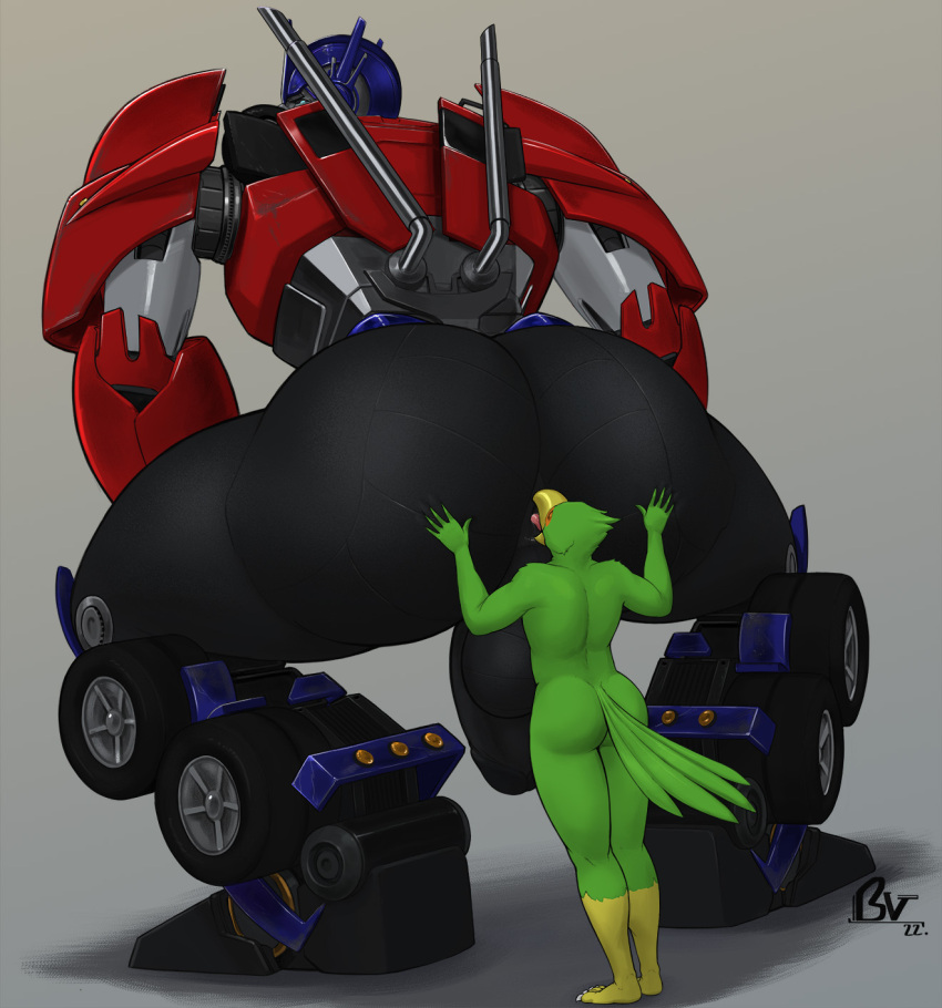 anal anthro anus autobot avian backsack balls big_butt bird blue_eyes brouva butt crouching cybertronian digital_media_(artwork) duo falcon falconid feathers genitals green_body green_feathers hand_on_butt hasbro hi_res humanoid larger_male living_machine looking_back machine male male/male not_furry optimus_prime oral penis perineum presenting presenting_hindquarters rear_view rimming robot sex simple_background size_difference sparkx takara_tomy tongue transformers