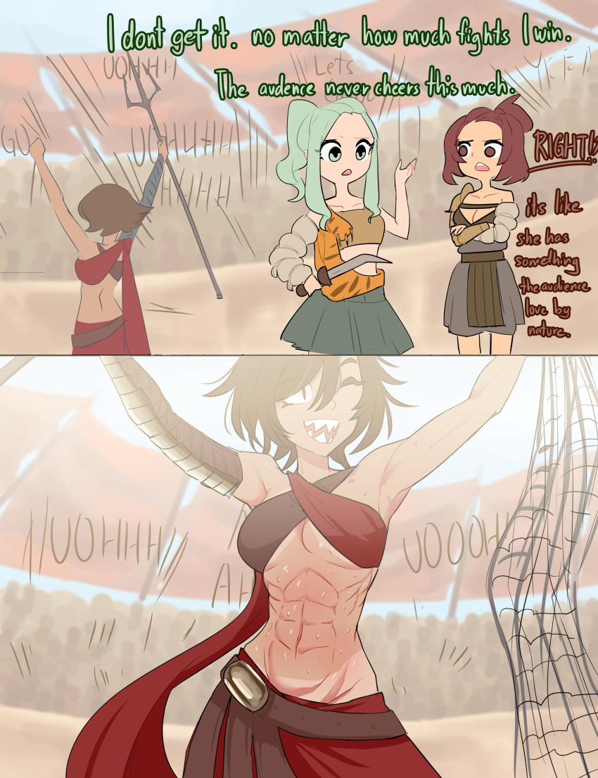 3girls abs absurdres arms_up blurry blurry_background breasts brown_eyes brown_hair centurii-chan_(artist) cleavage commentary crossed_arms english_commentary english_text gladiator green_eyes green_hair highres holding holding_sword holding_trident holding_weapon medium_breasts multiple_girls navel net one_eye_closed original polearm ponytail sharp_teeth short_hair sidelocks slit_pupils smile sweat sweating_profusely sword teeth toned trident weapon