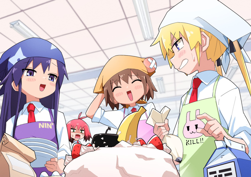 4girls apron bag banana black_ribbon blonde_hair blue_eyes blue_hair blush brown_hair cake closed_eyes collared_shirt fangs food fruit goshiki_agiri green_apron green_eyes hair_ribbon highres holding holding_plate indoors kill_me_baby long_hair looking_at_another multicolored_hair multiple_girls necktie open_mouth oribe_yasuna paper_bag parted_lips pink_apron plate purple_apron red_hair red_necktie ribbon shirt skin_fangs sonya_(kill_me_baby) strawberry sweatdrop teeth twintails unused_character white_shirt yachima_tana