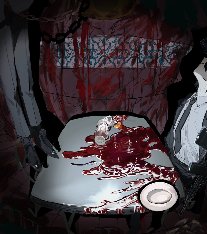 2boys assault_rifle black_footwear black_hair black_jacket black_necktie black_pants blood broken chain chainsaw_man chair collared_shirt commentary corpse crack cracked_wall cup dark drinking_glass fisheye food formal from_side fruit furirikkuru gun hanged hayakawa_aki head_back head_out_of_frame highres indoors jacket lower_body m4_carbine male_focus multiple_boys necktie on_chair open_clothes open_jacket open_mouth orange_(fruit) orange_slice pale_skin pants plate pool_of_blood rifle shirt shoes sitting sketch spill spoilers suit table tile_floor tile_wall tiles weapon white_shirt