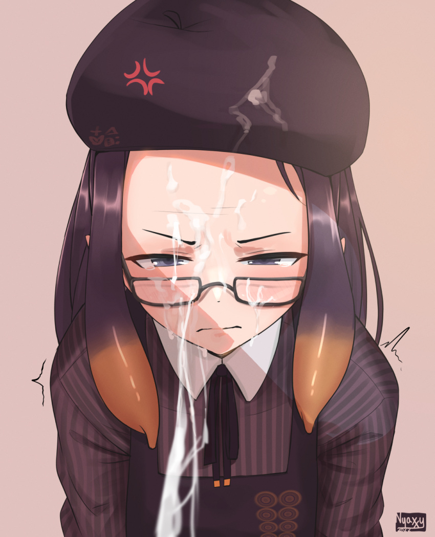 1girl anger_vein black_headwear black_ribbon closed_mouth collared_shirt cum cum_on_glasses cum_on_headwear cum_string facial glasses hat highres hololive hololive_english long_hair looking_at_viewer neck_ribbon ninomae_ina'nis nyaxxy pinstripe_pattern pinstripe_shirt purple_eyes purple_hair ribbon shirt simple_background solo striped tentacle_hair upper_body virtual_youtuber