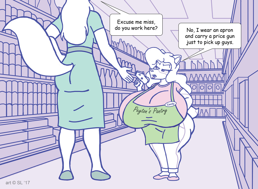 &copy; 2017 aisle anthro apron big_breasts bottle bottomwear box breasts butt can canid canine canis cecily_(satsumalord) clothing container digital_media_(artwork) domestic_cat domestic_dog dress duo english_text felid feline felis female footwear grocery_store hair herding_dog hi_res huge_breasts mammal name_tag open_mouth pants pastoral_dog price_gun satsumalord shelf shirt shoes short_stack sketch speech_bubble symbol text text_on_apron text_on_clothing thick_thighs topwear welsh_corgi
