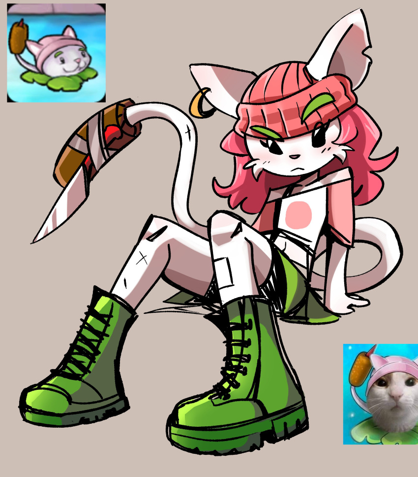 absurd_res anthro anthrofied biped boots cattail_(pvz) cel_shading clothed clothing combat_boots cutlery digital_media_(artwork) domestic_cat duct_tape ear_piercing electronic_arts elemental_creature felid feline felis female flora_fauna footwear fur fur_tuft green_boots green_clothing green_footwear hair hat headgear headwear hi_res kitchen_knife kitchen_utensils knife mammal peargor piercing pink_beanie pink_clothing pink_hair pink_hat pink_headwear plant plants_vs._zombies popcap_games shaded shirt simple_background sitting solo tape tools topwear tuft video_games weapon white_body white_fur