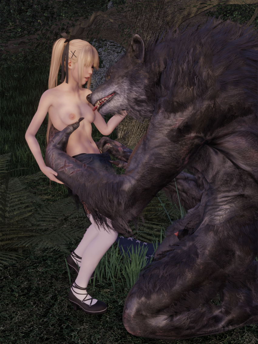 3:4 breasts canid canine claws clothing dead_or_alive_(series) duo female genitals guntherthespelunker hi_res human licking male male/female mammal marie_rose nipples outside penis tongue tongue_out undressing were werecanid werecanine werewolf werewolf_the_apocalypse