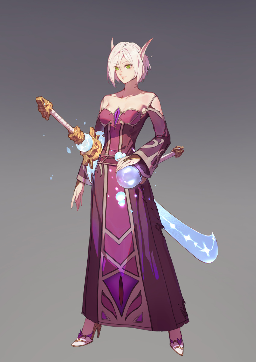 1girl absurdres avatar_(wow) bare_shoulders blood_elf_(warcraft) dress elf fantasy green_eyes highres long_eyebrows long_pointy_ears mage_(warcraft) pointy_ears short_hair sword type-moon_fans warcraft weapon white_hair world_of_warcraft