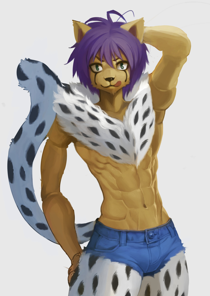 2021 :3 abs absurd_res anthro arthropod black_body black_fur black_nose black_spots bottomwear cheetah cheetu_(hunter_x_hunter) chest_tuft chimera_ant clothed clothing cutoffs daisy_dukes denim denim_clothing digital_media_(artwork) digital_painting_(artwork) felid feline front_view fur green_eyes hair hand_behind_head hand_on_leg hand_on_thigh hi_res hotpants hunter_x_hunter hybrid insect kiske_7key looking_at_viewer male mammal multicolored_body multicolored_fur muscular muscular_male navel portrait pose purple_hair raised_tail segmented_arms serratus short_hair shorts simple_background solo spots spotted_body spotted_fur standing thick_thighs three-quarter_portrait tongue tongue_out topless tuft white_background white_body white_fur