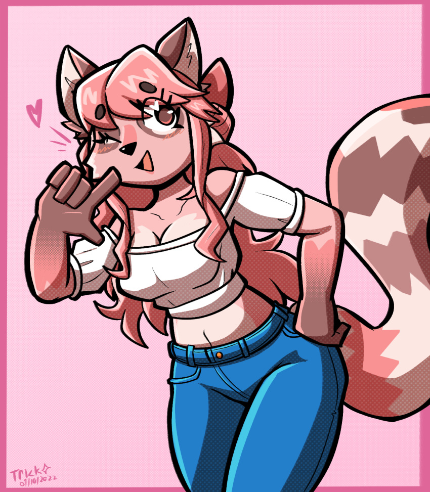 &lt;3 &lt;3_eyes 2022 5_fingers anthro blue_bottomwear blue_clothing blue_jeans blue_pants border bottomwear breasts cleavage clothed clothing crop_top crop_top_sweater denim denim_clothing felino female fingers front_view fur gloves_(marking) hair hand_on_face hand_on_hip hi_res humanoid_hands jeans leaning leaning_forward looking_at_viewer mammal markings midriff one_eye_closed open_mouth pants pink_background pink_body pink_border pink_fur pink_hair procyonid purple_body purple_fur raccoon safia_(allegedbutton60) shirt simple_background smile solo striped_markings striped_tail stripes sweater tail_markings tan_body tan_fur tan_inner_ear topwear white_clothing white_sweater white_topwear wink