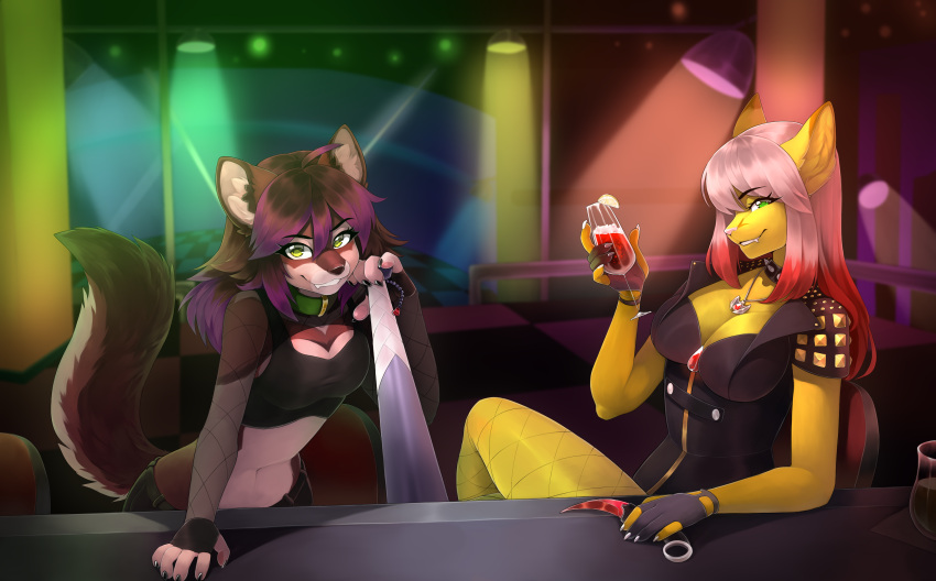 2022 absurd_res canid canine canis container cup drinking_glass duo female flat_chested fur glass glass_container glass_cup hi_res liquid mammal nightclub red_wolf sitting skylar_zero spotlight talilly teeth wine_glass wolf