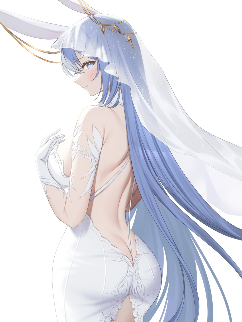 1girl absurdres animal_ears ass azur_lane bangs bare_back bare_shoulders blue_eyes blue_hair breasts bridal_veil dress fake_animal_ears gloves highres large_breasts long_hair looking_at_viewer looking_back new_jersey_(azur_lane) new_jersey_(snow-white_ceremony)_(azur_lane) simple_background smile solo veil very_long_hair wedding_dress white_background white_gloves zzo_(chorizzzzo)