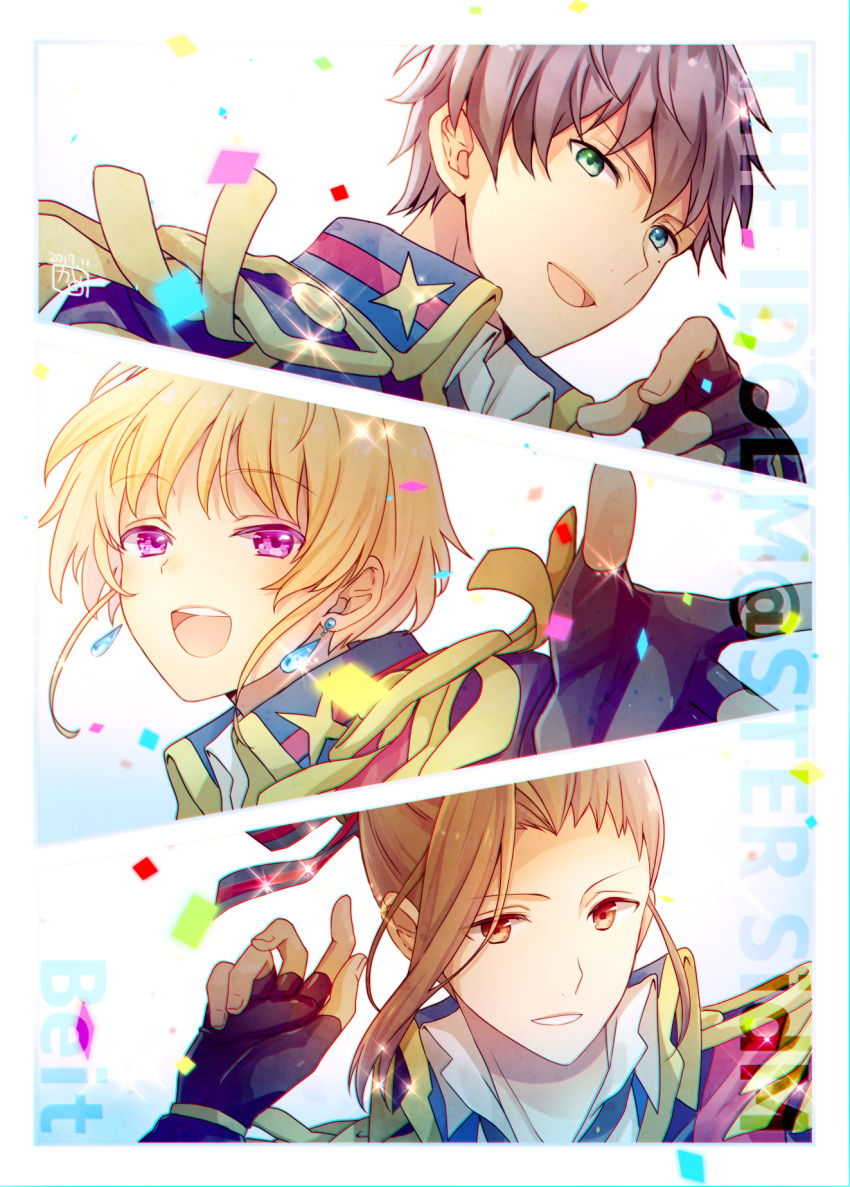 3boys bangs beit_(idolmaster) blonde_hair blue_eyes collared_shirt earrings fingerless_gloves fingernails gloves green_eyes hand_up heterochromia highres idolmaster idolmaster_side-m jewelry kame_(unaikodori) looking_at_viewer mole mole_under_eye multiple_boys open_mouth pierre_bichelberger purple_eyes reason!!_(idolmaster) shirt streamers takajo_kyoji watanabe_minori