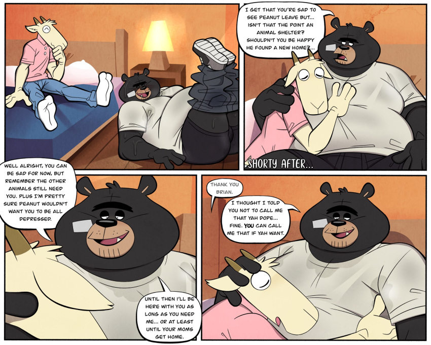 2022 anthro bed bedroom belly big_belly black_body black_nose bodily_fluids bottomwear bovid bulge butt caprine clothing comic detailed_background duo embrace eyes_closed furniture goat hi_res hug humanoid_hands inside male mammal overweight overweight_male pants percy_(trashtoonz) shirt sitting smokey_(trashtoonz) sweat topwear trashtoonz underwear ursid