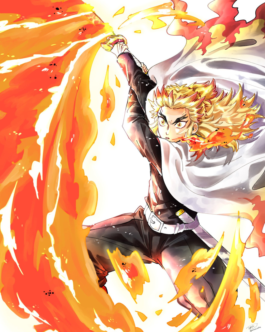 1boy awarinko bangs belt belt_buckle black_jacket blonde_hair buckle buttons cape colored_tips commentary_request demon_slayer_uniform fire flame flame_print flaming_sword flaming_weapon forehead forked_eyebrows gradient gradient_hair highres holding holding_sword holding_weapon jacket katana kimetsu_no_yaiba long_hair long_sleeves looking_at_viewer male_focus mismatched_eyebrows multicolored_hair orange_eyes ponytail red_hair rengoku_kyoujurou serious sidelocks solo sword thick_eyebrows two-tone_hair v-shaped_eyebrows weapon white_background white_belt white_cape