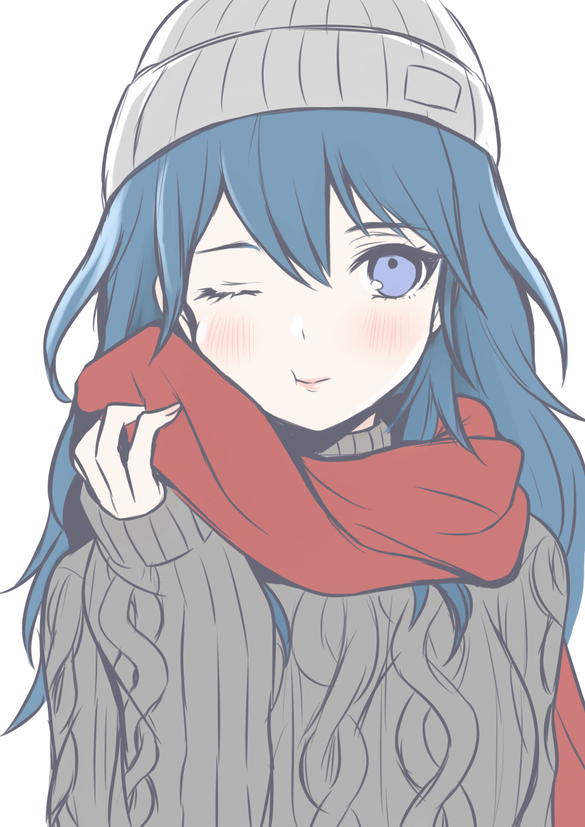 1girl :t absurdres aran_sweater bangs banned_artist beanie blue_eyes blue_hair blush breasts byleth_(fire_emblem) byleth_(fire_emblem)_(female) closed_mouth commentary_request eyelashes fingernails fire_emblem fire_emblem:_three_houses hair_between_eyes hand_up hat highres large_breasts light_smile long_hair long_sleeves looking_up one_eye_closed red_scarf scarf shimizu_akina simple_background sleeves_past_wrists solo sweater turtleneck turtleneck_sweater upper_body winter_clothes