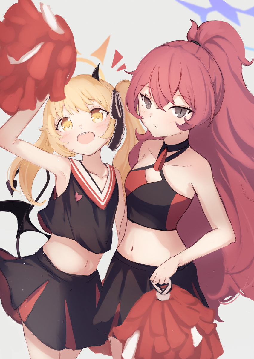 2girls absurdres bangs bare_shoulders blonde_hair blue_archive breasts cheerleader collarbone cowboy_shot cropped_shirt demon_tail demon_wings grey_eyes halo halterneck hand_on_hip heart heart_print high_ponytail highres holding holding_pom_poms ibuki_(blue_archive) iroha_(blue_archive) light_blush long_hair looking_at_viewer low_wings midriff multiple_girls open_mouth pleated_skirt pom_pom_(cheerleading) red_hair side_ponytail simple_background skirt sky_jio small_breasts smile tail two-tone_skirt white_background wings yellow_eyes