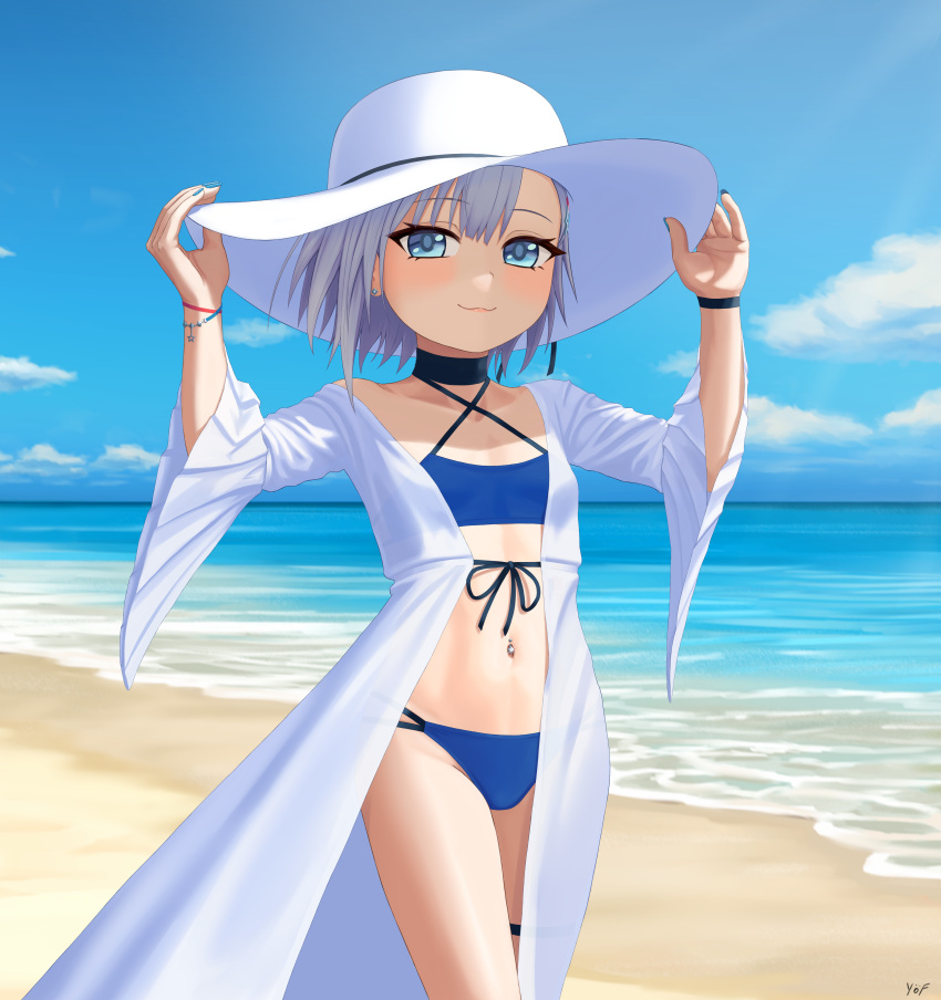 1girl absurdres beach bikini blue_bikini blue_eyes blue_nails blue_sky blue_wristband blush closed_mouth cloud coat collarbone cowboy_shot earrings eyelashes flat_chest grey_hair hair_ornament halterneck hands_on_headwear hat highres jewelry looking_at_viewer navel navel_piercing ocean off_shoulder piercing red_wristband rurine_luna sand shade signature sky smile solo star_(symbol) star_hair_ornament stomach summer sun_hat swimsuit thigh_strap virtual_youtuber wactor_production water white_coat white_headwear wide_sleeves wristband yof_(sc_gazer)