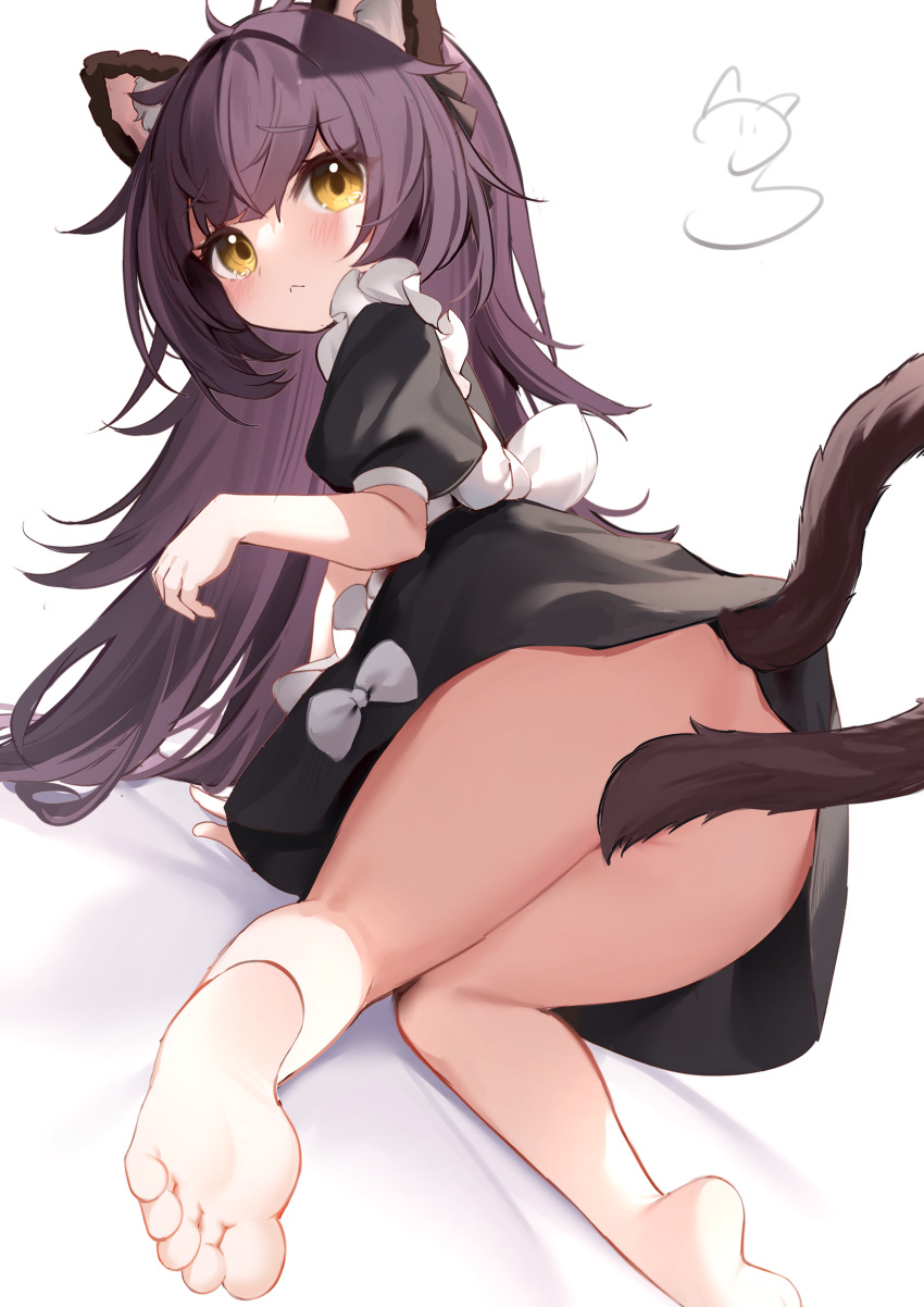 1girl absurdres ahoge all_fours animal_ear_fluff animal_ears bangs barefoot black_dress blush bottomless closed_mouth dress feet from_behind full_body highres long_hair looking_at_viewer looking_back nahaki original puffy_short_sleeves puffy_sleeves purple_hair short_sleeves simple_background soles solo tail tail_censor toes yellow_eyes