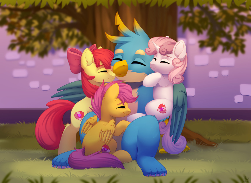 2022 accessory apple_bloom_(mlp) avian beak blue_body blue_claws blue_feathers bow_ribbon claws cutie_mark digital_media_(artwork) dinoalpaka earth_pony embrace equid equine eyebrows eyes_closed feathered_wings feathers female feral folded_wings friendship_is_magic fur gallus_(mlp) group group_hug gryphon hair hair_accessory hair_bow hair_ribbon happy hasbro hi_res horn horse hug male mammal my_little_pony mythological_avian mythology orange_body orange_fur outside pegasus pink_hair pink_tail plant pony purple_hair purple_tail red_hair red_tail ribbons scootaloo_(mlp) smile sweetie_belle_(mlp) tan_body toe_claws tree unicorn white_body white_fur wings yellow_body yellow_fur young