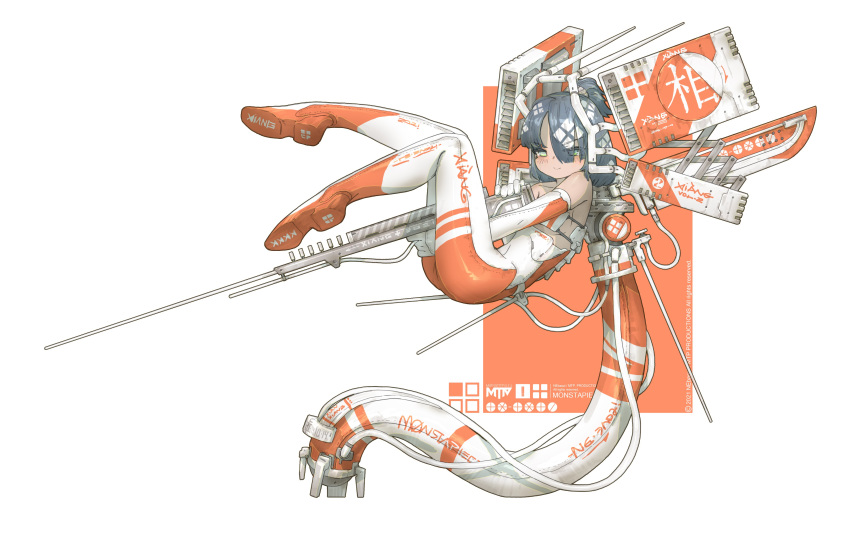 1girl absurdres blue_hair boots closed_mouth copyright exhaust highres looking_at_viewer mechanical_legs mechanical_wings ne_baozi needle rectangle short_hair sitting smile solo white_background wings wire writing