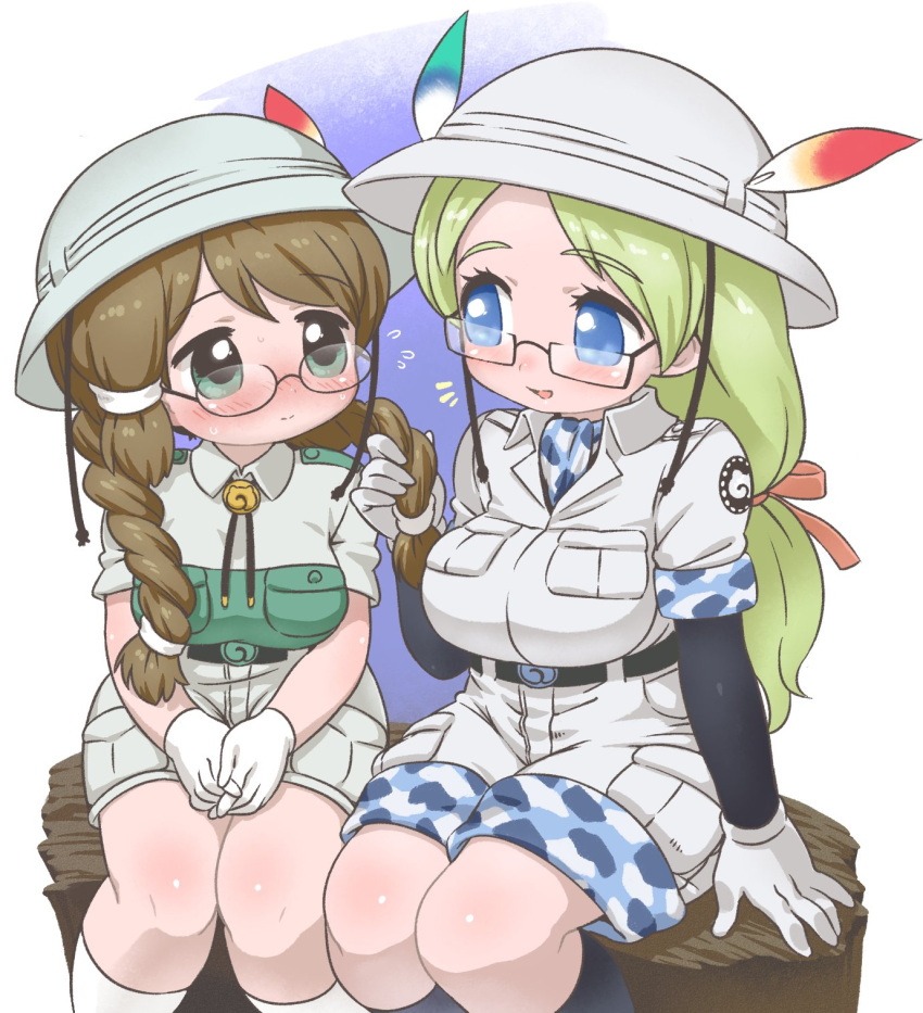 2girls blush braid breasts brown_hair bucket_hat camouflage_trim captain_(kemono_friends) commentary eye_contact glasses green_eyes green_hair hat hat_feather helmet highres holding_another's_hair jacket japari_symbol kemono_friends khakis kuro_(kurojill) large_breasts long_hair looking_at_another medium_breasts mirai_(kemono_friends) multiple_girls pith_helmet playing_with_another's_hair playing_with_hair safari_jacket semi-rimless_eyewear twin_braids under-rim_eyewear yuri